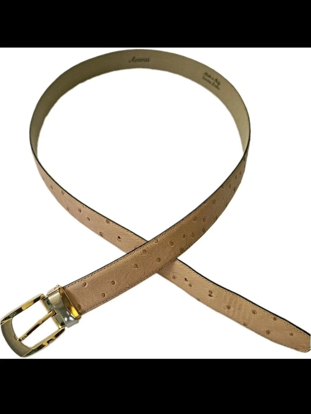 AVANTI Beautiful Ostrich Print Leather  Belt With Silver And Gold Buckle Size L